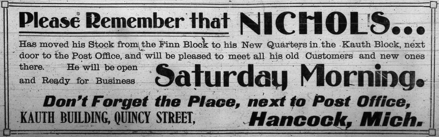 Newspaper ad - <i>The Daily Mining Gazette</i>, 20 Oct 1901